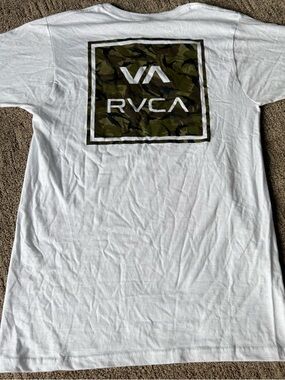 RVCA White Short Sleeve Tee with Green Camo Box Logo